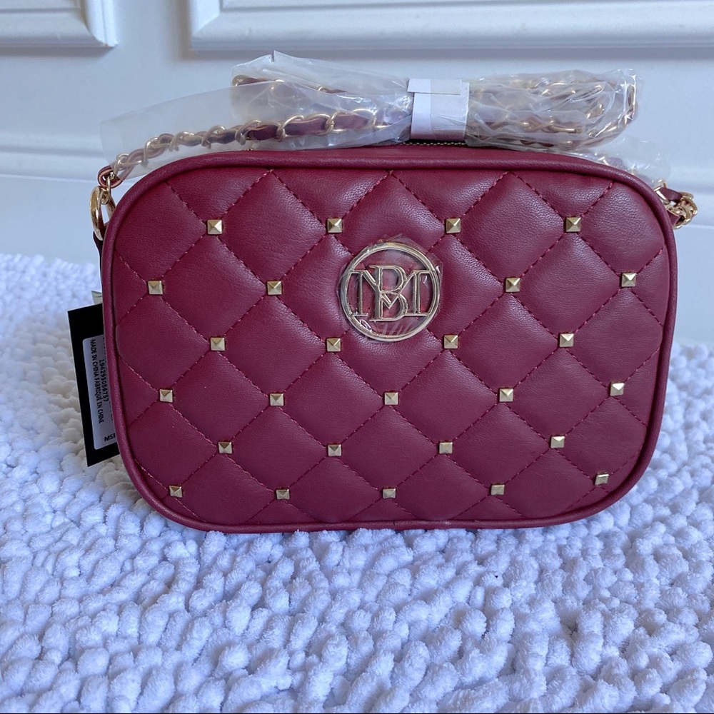 Badgley Mischka Vegan Studded Crossbody CameraWine